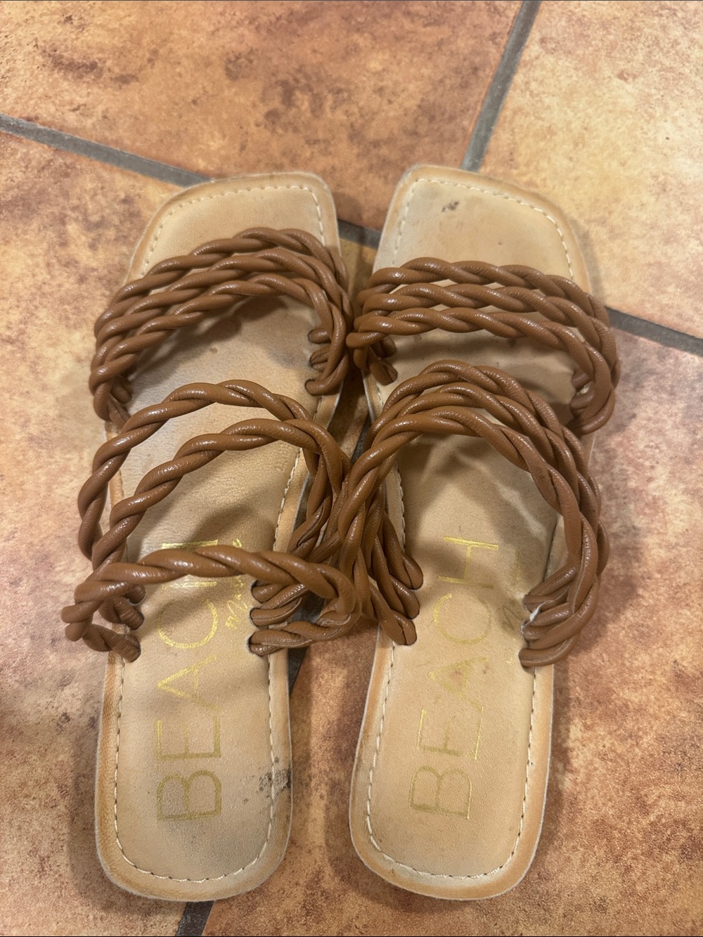 Beaot Brown Braided Strap Slide Sandals